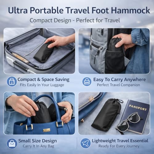 Airplane Foot Hammock 3-in-1 Travel Kit – Adjustable Memory Foam Foot Rest with Eye Mask & Ear Plugs for Long Flights, Office & Car