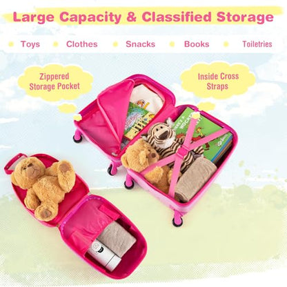 GYMAX Kids Carry On Luggage Set, 12" & 16" 2PCS Rolling Suitcase - color: Crown Pony