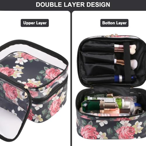 FITINI Makeup Bags Double Layer Travel Storage Cosmetic Cases Make up Organizer Toiletry Bags Water-resistant for Women Makeup Brush Bag,Black Peony - color: Black Peony