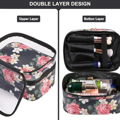 FITINI Makeup Bags Double Layer Travel Storage Cosmetic Cases Make up Organizer Toiletry Bags Water-resistant for Women Makeup Brush Bag,Black Peony - color: Black Peony