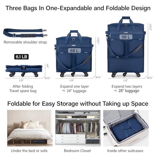 Hanke Expandable Collapsible Luggage with Wheels Suitcase Luggage Rolling Travel Bag Duffel Bag for Men Women Lightweight Suitcase Large Capacity with Spinner Wheel (Blue) - color: Blue-1