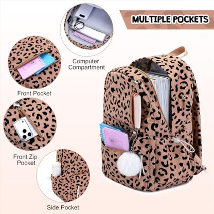3PCS Corduroy Girls Backpack w/ Lunch Box & Pencil Bag (Brown Leopard) - color: Brown Leopard