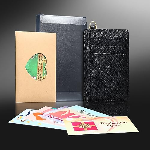 Badiya Credit Card Holder Slim Minimalist Wallet, Front Pocket Purse RFID Blocking Wallet Compact Card Case with ID Window for Women & Men - color: 1-Cross-Black