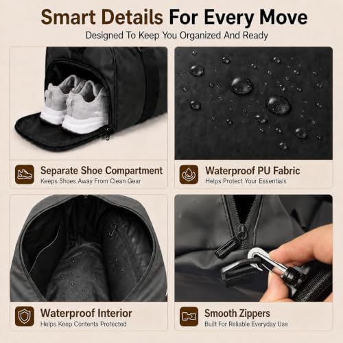 Gym Duffel Bag with Shoe Compartment, Water Resistant Travel Bag - color: black