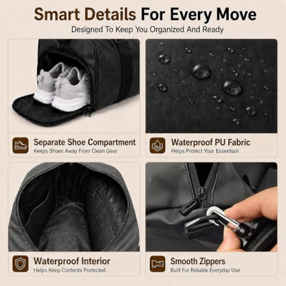 Gym Duffel Bag with Shoe Compartment, Water Resistant Travel Bag - color: black