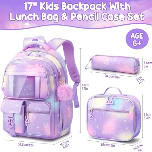 Fimibuke Kids Backpack for School Girls, Waterproof Backpack w/Lunch Box - color: A2.Diamond Purple