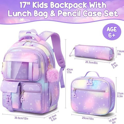 Fimibuke Kids Backpack for School Girls, Waterproof Backpack w/Lunch Box - color: A2.Diamond Purple