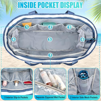 Extra Large Beach Bags for Women Waterproof Sandproof Beach Tote Bag - color: Gray Blue and White