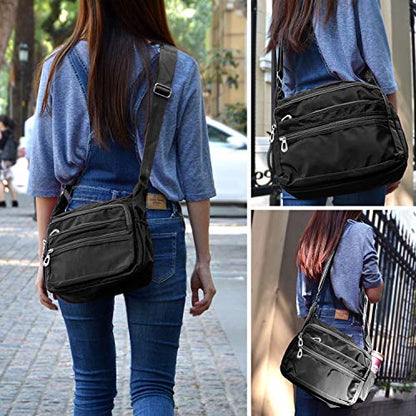 Crossbody Bag for Women Waterproof Shoulder Bag Multi Pockets Nylon Purse - color: Black-l