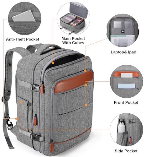 Bagsure Travel Carry On Backpack,42L Flight Approved,Expandable Backpack - color: Grey-brown (Backpack With 4 Packing Cubes)