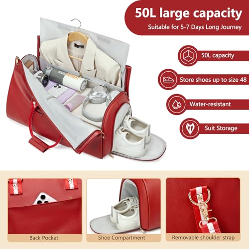 Leather Garment Bags for Travel, Convertible Carry on Garment Duffel Bag for Women, 2 in 1 Waterproof Foldable Travel Suit Bag with Shoulder Strap Weekender Bag with Shoe Pouch, Red - color: A-Red