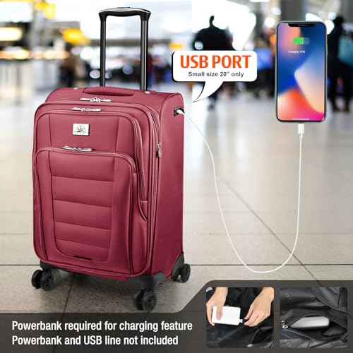 Verdi Luggage Set 3-Piece Suitcase with Spinner Wheel Softside Expandable, Carry On Luggage with USB Port (Burgundy, 3-Piece set(20/24/28)) - color: Burgundy, size: 3-Piece set(20/24/28)