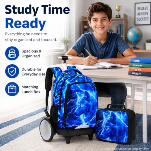 20 Inches Large Wheels Rolling Backpack for Boys with Detachable, 3Pcs Kids Lightning Wolf Wheeled Backpack Set for Elementary School (Blue) - color: Lightning Wolf (Large Wheels)