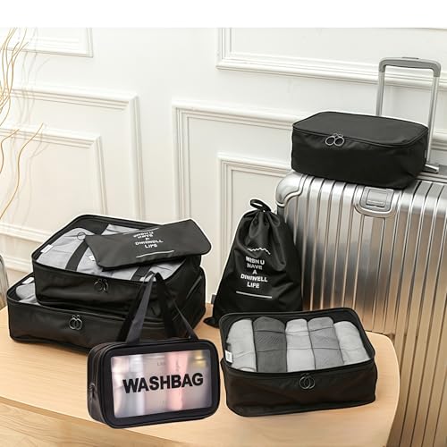 Travel packing cube 7 Piece Set, Suitcase Organizer Luggage Cubes with Wash Bag, suitcase organizer, Multi-Purpose Dispenser Bags (Black) - color: Black