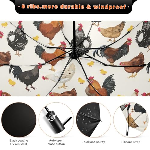 JIPONI Windproof Travel Umbrellas 01 - Large Compact Umbrella for Rain & Sun, Automatic Anti-UV Protection and Light Folding for Backpack & Car - color: Chicken