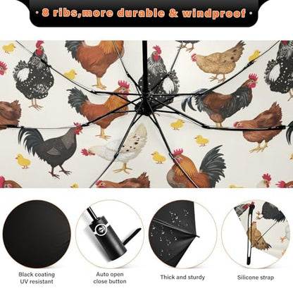 JIPONI Windproof Travel Umbrellas 01 - Large Compact Umbrella for Rain & Sun, Automatic Anti-UV Protection and Light Folding for Backpack & Car - color: Chicken