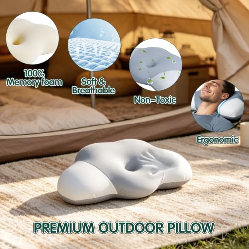 SAHEYER Memory Foam Camping Pillow, Upgraded Lengthened Travel Pillows for Sleeping, Cervical Neck Support Camping Gear Accessories - Small Pillow Travel Essentials for Sleep, Backpack, Hammock, Grey