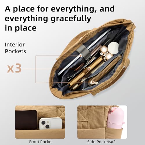 Axcone Puffer Tote Bag for Women Lightweight Quilted Work with Multi-Pockets, Laptop Compartment and Makeup Pouch Gift - color: Khaki