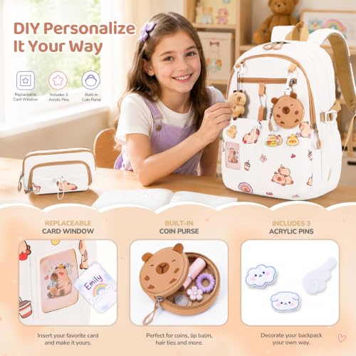 DIGOBAY Backpack for Girls, 5PCS School Bookbag with Lunch Box Pencil Case - color: White Brown