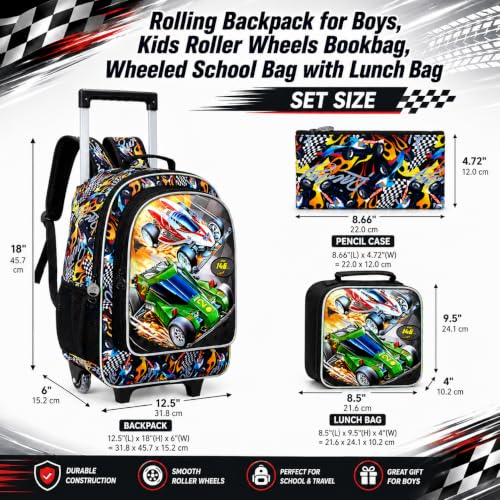 CCJPX Rolling Backpack for Boys, Kids Roller School Bag with Wheels Toddler Wheeled Bookbag Elementary - color: Red Green Race Car