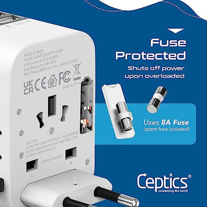 Ceptics Travel Adapter Worldwide - Universal Input, 4 USB Ports (Max 17.5W) - color: White