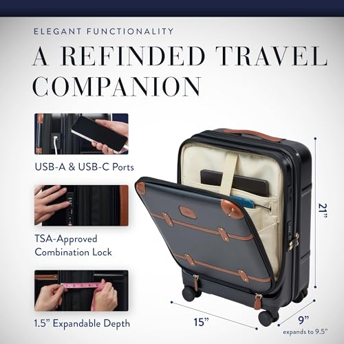 Bric's Bellagio 3.0 Spinner Trunk - Airline Approved Luxury Hardshell Carry On Luggage with Large Wheels, Telescopic Handle, Leather Detailing - Expandable Rolling Suitcase - 21" With Pocket, Black - color: Black, size: Carry-on with front pocket