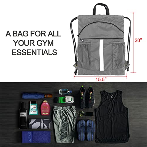 BeeGreen Drawstring Backpack Bag with Shoe Compartment, X-Large Black Gym Sports String Cinch Backpack - color: Grey
