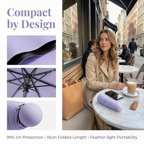 Ultra-Light 5-Fold Capsule Umbrella with Hard Case Mini 6-Bone Compact Travel Parasol Black Coating Sun Shade & Rain Shelter Portable Windproof Umbrella for Women Commuting Beach - color: Light Purple