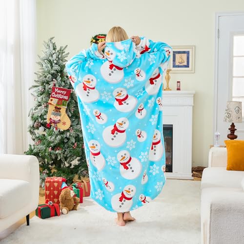 Moinlizy Oversized Wearable Blanket Hoodie for Women Men - color: Blue Snowman