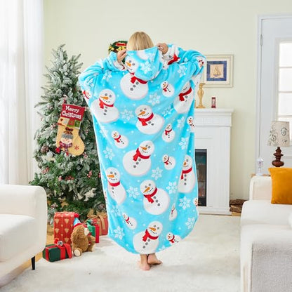 Moinlizy Oversized Wearable Blanket Hoodie for Women Men - color: Blue Snowman