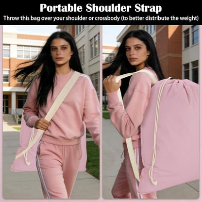 Canvas Laundry Bag with Shoulder Strap & Drawstring, 23"W x 29"H, Pink - color: Pink