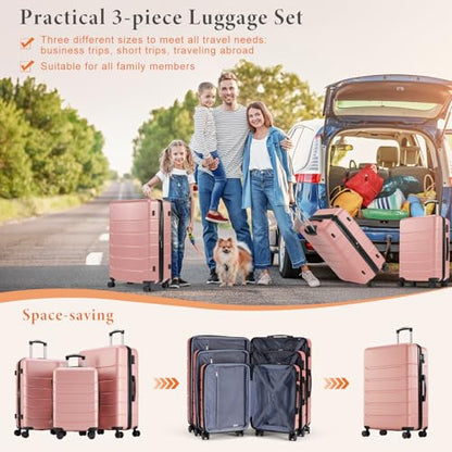 Sweetcrispy 3 Piece Luggage Set, Expandable Suitcase with Spinner Wheels - color: Pink, size: 3-Piece Set (20/24/28 Inch)