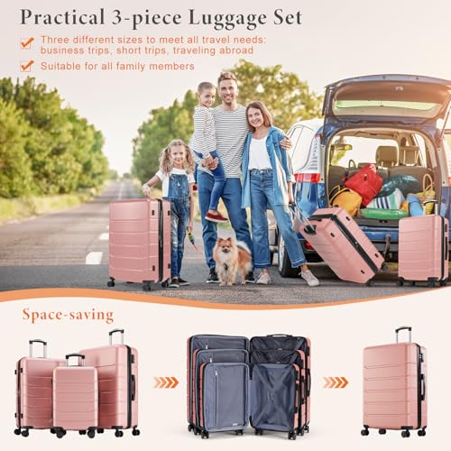 Sweetcrispy 3 Piece Luggage Set, Expandable Suitcase with Spinner Wheels - color: Pink, size: 3-Piece Set (20/24/28 Inch)