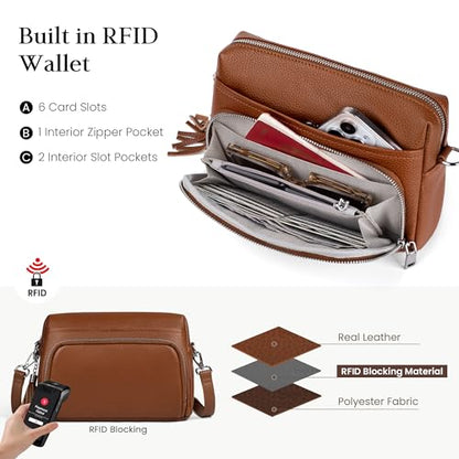 befen Genuine Leather Crossbody Bags for Women Leather Wallet Travel Purse - color: Cognac Brown