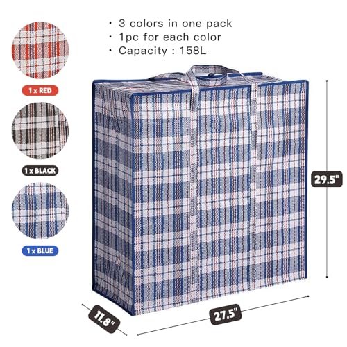 3 Pack 158L Extra Large Moving Bags - Zippers & Wrap-Around Handles - size: X-Large 3 Pack
