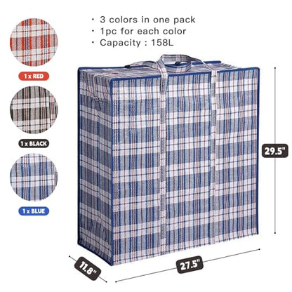 3 Pack 158L Extra Large Moving Bags - Zippers & Wrap-Around Handles - size: X-Large 3 Pack