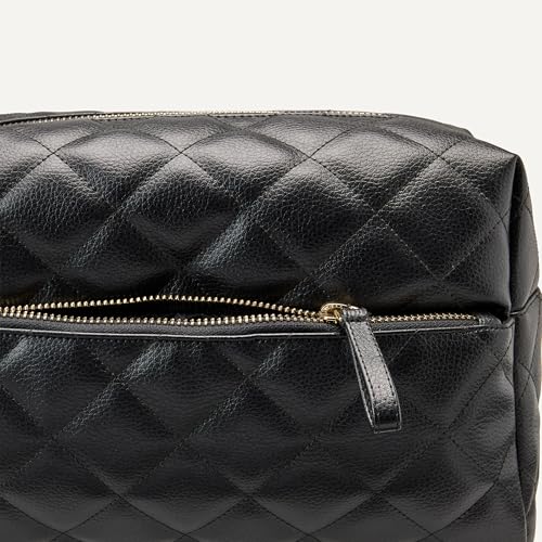 Amazon Essentials Women's Quilted Travel Makeup Bag with Mesh Compartments, Black Faux Leather, One Size - color: Black Faux Leather