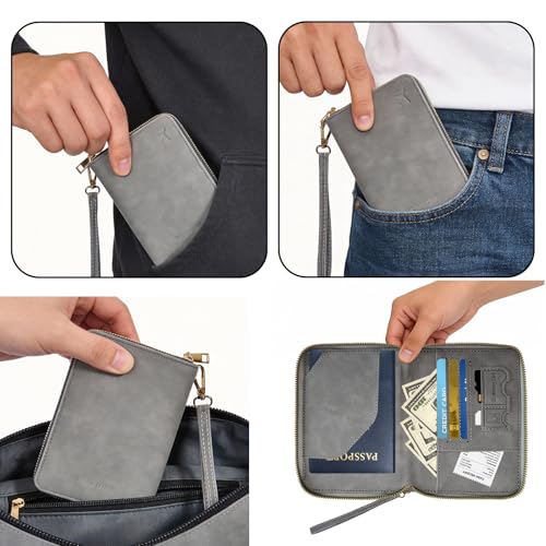 Passport Holder for Travel Wallet,RFID Detachable Wrist Strap Wallet - color: Gray