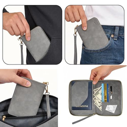 Passport Holder for Travel Wallet,RFID Detachable Wrist Strap Wallet - color: Gray
