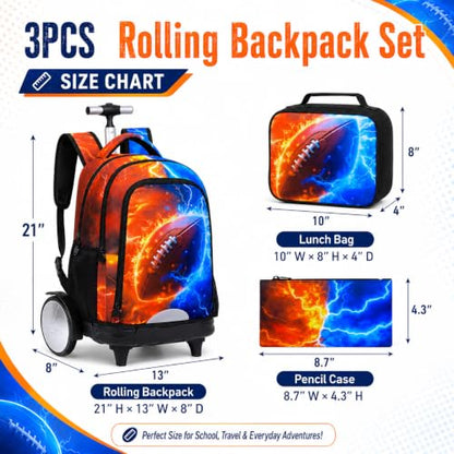 gxtvo Large Wheels & Quiet Glide | Rolling Backpack for Kids - Water-Resistant Wheeled Bag with Lunch Box for School, Travel & Outings - Fire & Lightning Rugby - color: Rolling Backpack Fire Lightning Rugby