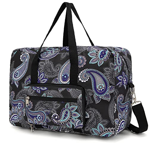 Foldable Travel Duffel Bag, Medium Women's Weekender and Overnight bag carry on Luggage bag for Women - color: Black Paisley
