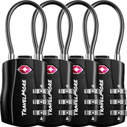 TravelMore TSA Approved Luggage Locks, Travel Combination Cable Locks - color: Black, size: 4 Pack