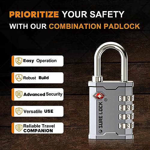 SURE LOCK TSA Accepted 4 Dig Heavy Duty Big Combination Luggage Padlock All Metal Travel Lock for Equipment Hard Case Luggage Gun Case Gym Locker Pelican Vault Lock (1, Silver) - color: Silver 1