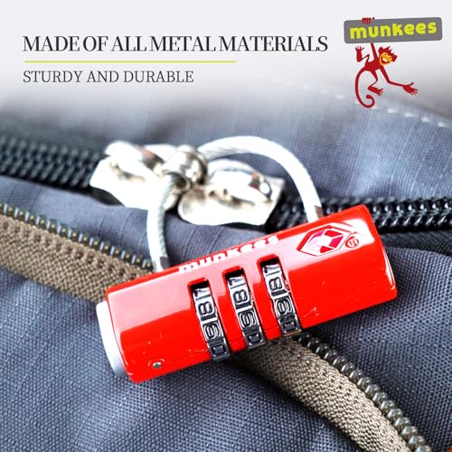 munkees TSA Approved Luggage Lock, 3-Digit Combination, Metal Construction (Red) - color: Red