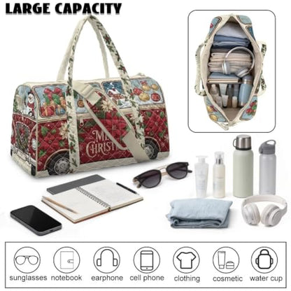 Youngerbaby Red Christmas Bus Quilted Weekender Duffle Bag for Women - color: Christmas Red Bus