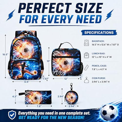 Soccer Backpack Set for Boys, Kids Football Backpack for School with Lunch Box, Pencil Case and Coin Purse (Blue&Fire red) - color: Blue&fire Red