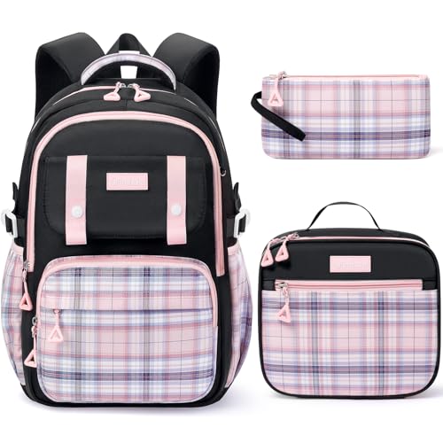 Fimibuke Kids Backpack for Girls, 3 PCS School Backpack with Lunch Box Set - color: C3.pink & Black Plaid