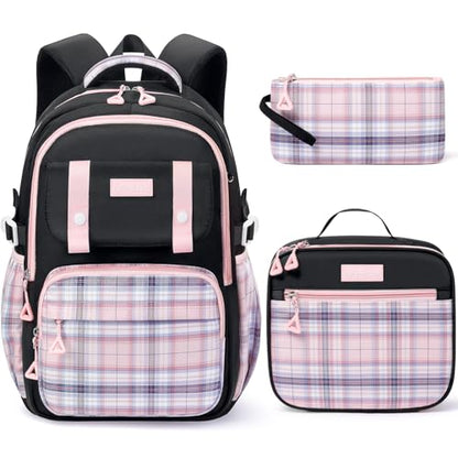 Fimibuke Kids Backpack for Girls, 3 PCS School Backpack with Lunch Box Set - color: C3.pink & Black Plaid