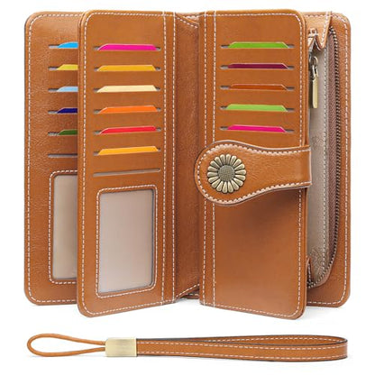 SENDEFN Wallets for Women Leather Credit Card Holder with RFID Blocking Large Capacity Wristlet - color: 1-Wax-Brown-1