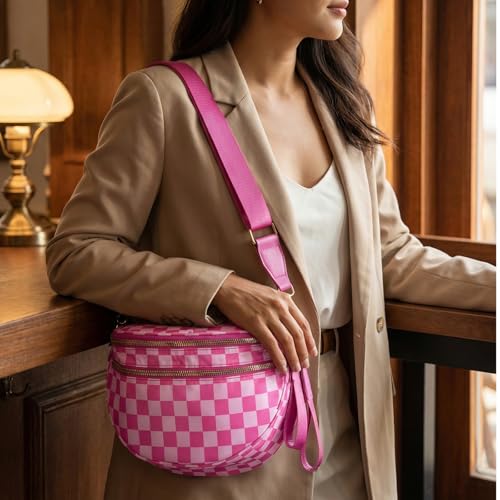 Checkered Crossbody Bags for Women Large Belt Bum Bag Nylon Fanny Packs with Adjustable Strap(CN24-Pink) - color: CN24-Pink